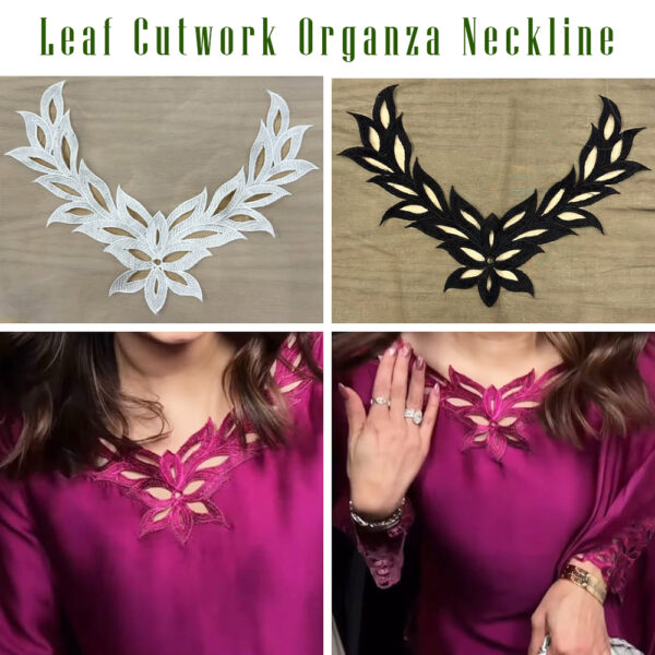 Organza Embroidered Neck - White and Black- OND41