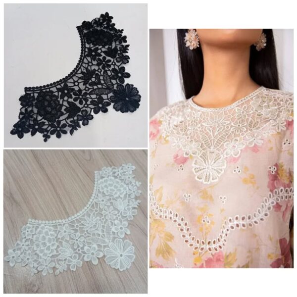Organza Embroidered Neck - White and Black- OND37
